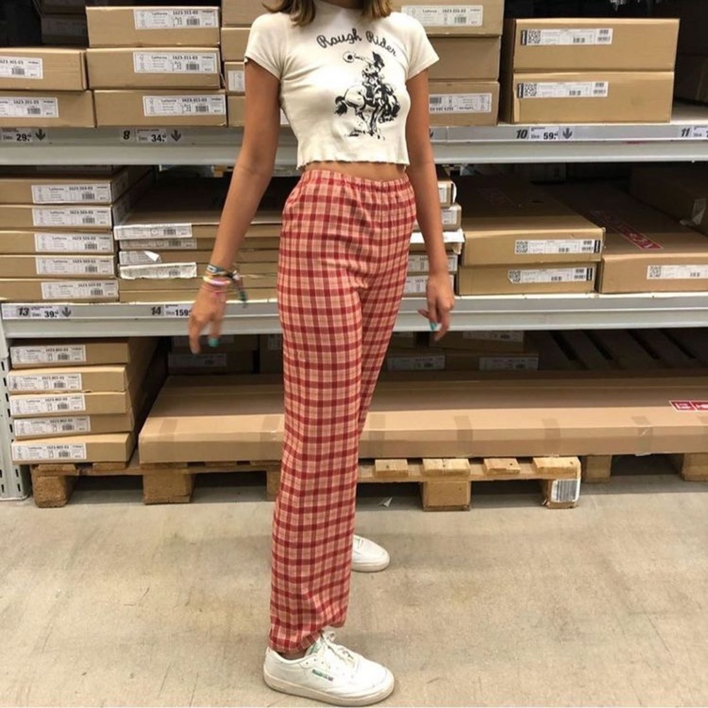 red plaid trousers